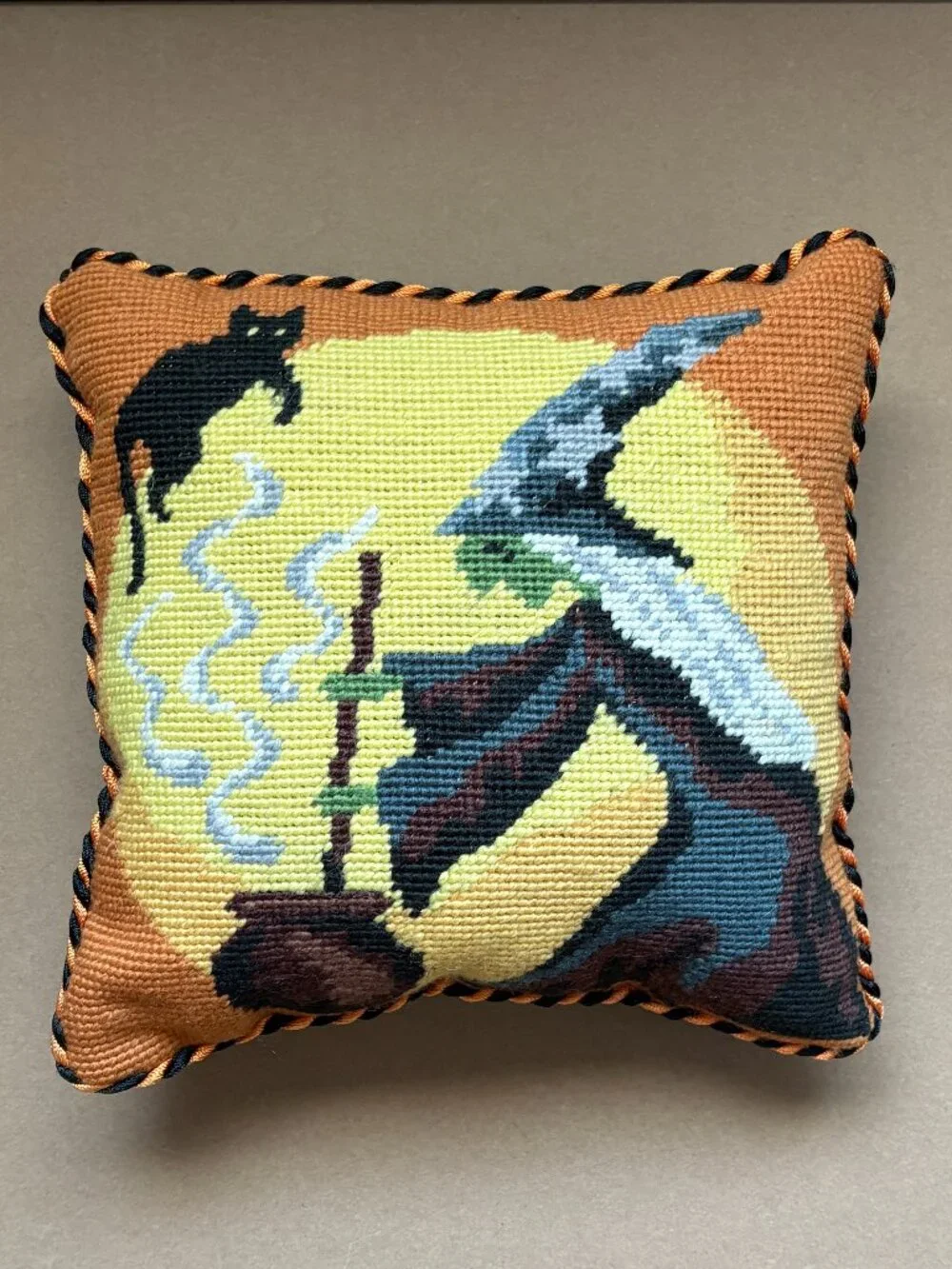 Needlepoint Tapestry Witch Cat Cauldron Pillow Velvet Halloween 9 x 9 Inch Decor
